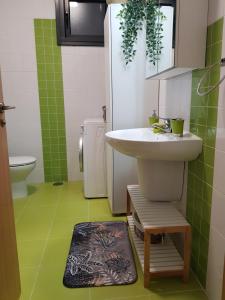 a bathroom with a sink and a toilet and green tiles at ESTUDIO IDEAL PARA VACACIONES Y TRABAJO in Vigo