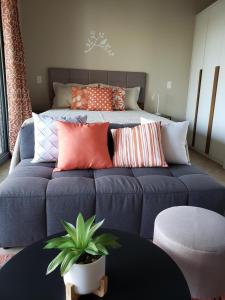 een blauwe bank met kussens in een slaapkamer bij Moderno Oca Moema in Sao Paulo +94 foto's