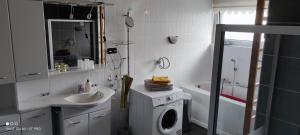 a bathroom with a washing machine and a sink at Feriendomizil Familie Finke in Weener