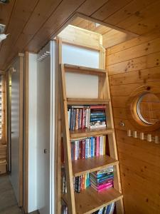 a wooden shelf with bookshelves in a room at Houseboat Ginger Prague in Prague