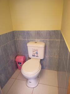 a bathroom with a toilet and a pink trash can at Taquile Familia Celso in Huillanopampa