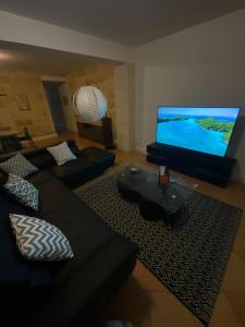 a living room with a couch and a large screen television at Pomerol au Cœur in Pomerol