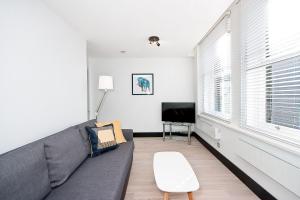 a living room with a gray couch and a tv at Heinze Flat 402 - One bedroom fourth floor flat By City Living London in London
