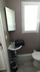 La salle de bains est pourvue d'un lavabo, de toilettes et d'une fenêtre. dans l'établissement T1 cosy climatisé indépendant sur prop privée à Sanguinet - lac, océan, Bassin d'Arcachon, Dune du Pyla, à Sanguinet
