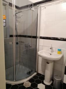 a bathroom with a shower and a sink at Затишна квартира в історичному Центрі міста in Chernivtsi