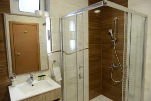 a bathroom with a shower and a sink and a mirror at Kovač Residence in Zrenjanin