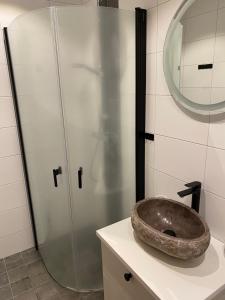 ein Badezimmer mit einem Steinwaschbecken und einer Dusche in der Unterkunft Naturnära boende i vackra Järvsö - F in Järvsö