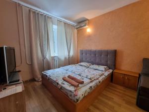 a bedroom with a bed with a tv and a window at Сomfort24 Апартаменти на проспекті Гагаріна Мечнікова Apartment on Gagarina in Dnipro