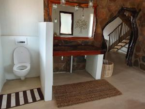 La salle de bains est pourvue de toilettes et d'un escalier. dans l'établissement Somkhanda Game Reserve, à Pongola