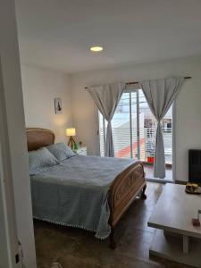 een slaapkamer met een bed en een glazen schuifdeur bij Apart 14 de Julio in Tandil