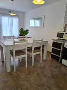 een witte eettafel en stoelen met een plant bij Apart 14 de Julio in Tandil