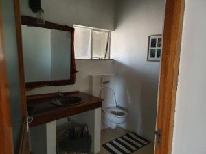 a small bathroom with a toilet and a mirror at Somkhanda Game Reserve in Pongola
