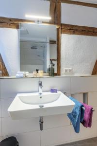 bagno con lavandino bianco e specchio di Apartments im Ferienhaus zum alten Spital a Dornstetten