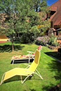 two lawn chairs and a bed in the grass at Apartment Sarah in Oberasbach