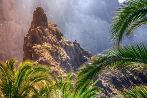 a mountain with palm trees and a rock formation at Chalet con terraza soleada in Abades