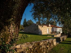 a building with a stone wall and a tree at Casa da Portelinha in Arcos de Valdevez