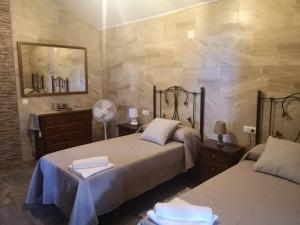 a bedroom with two beds and a mirror at Casa rural La Pradera in Villanueva de la Concepción
