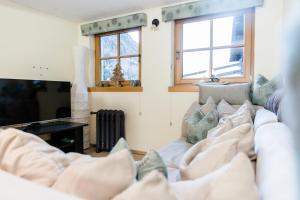 a living room with a couch and a tv at Alpine Lodge Sölden - Chalet in Sölden