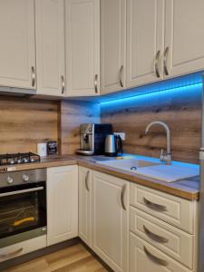 a kitchen with white cabinets and a sink at City Inn Premium Apartment in Timişoara
