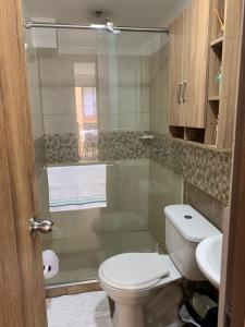 a bathroom with a toilet and a glass shower at Parque del Café - Apartasol 211 in La Tebaida