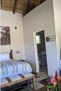 卡薩內的住宿－Sunbirds Cottage，一间卧室配有一张床,一扇门通往浴室