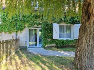 a house with ivy growing on the side of it at Adorable appartement avec piscine in Durtal