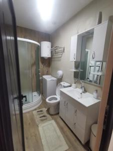 ein Bad mit einem WC, einem Waschbecken und einer Dusche in der Unterkunft Restoran Due Punti in Kuršumlija