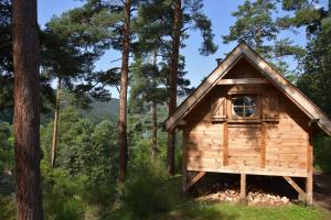 una cabaña de madera en el bosque con árboles en Cabane Lodge Domaine du Lac Chambon, en Murol