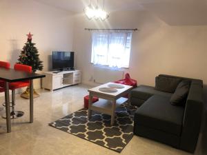 a living room with a couch and a christmas tree at Apartament Telkom 2 in Milówka