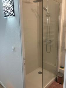 a shower with a glass door in a bathroom at Studio mongie aux pieds des pistes avec balcon in La Mongie