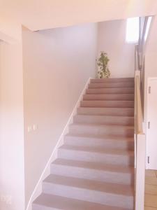 a staircase in a house with white walls at Hotel Restaurant Le Bourgneuf in Morlaas