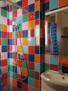 kolorowa łazienka z prysznicem i umywalką w obiekcie La Terrasse d'Octave w mieście Saint-Aignan