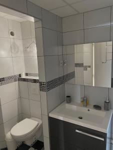 a white bathroom with a toilet and a sink at Appartement 5min to DisneyLand, parking privé in Magny-le-Hongre