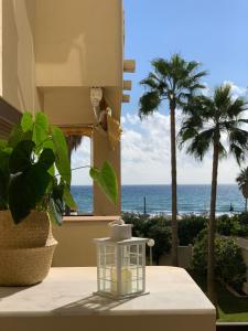 a table with a plant and a view of the ocean at SOLANA Montemar Puerto in Torremolinos