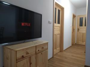 Elle comprend une télévision à écran plat installée au-dessus d'une commode en bois. dans l'établissement Apartmán Poštolka, à Branná