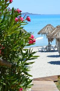 una spiaggia con ombrelloni e sedie e l'oceano di Residence Fenicia a Villasimius