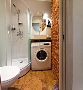 a bathroom with a washing machine and a shower at Klaipeda city center apartment in Klaipėda