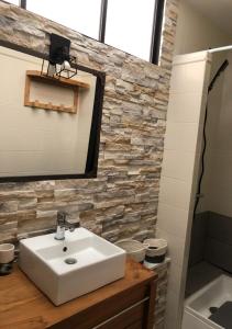 a bathroom with a sink and a mirror at Maison Dany in Salles-sur-Mer
