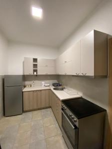 斯科普里的住宿－R&K Hostel，厨房配有白色橱柜、水槽和炉灶。