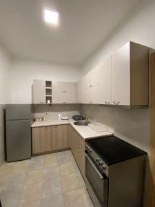 スコピエにあるR&K Hostelのキッチン(白いキャビネット、シンク、コンロ付)