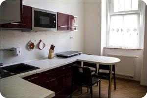 cocina con encimera y mesa con sillas en Apartmán Vila Bayer, en Karlovy Vary