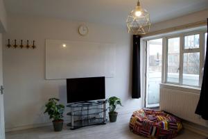 un soggiorno con TV a schermo piatto e piante di Modern 1 Bedroom in Shadwell with Balcony a Londra