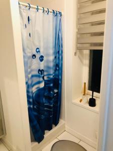einem blauen Duschvorhang im Bad mit Fenster in der Unterkunft Joli Studio proche plage et centre avec parking in Wimereux