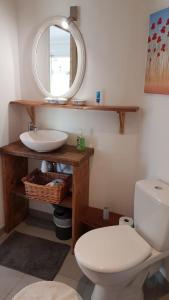 een badkamer met een toilet, een wastafel en een spiegel bij Bienvenue pour vous détendre in Parbayse