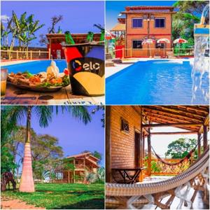 een collage van foto's van een zwembad en een huis bij Pousada Café da Roça in Campos Gerais