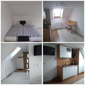 four pictures of a room with a bed and a kitchen at U Beaty, niezależne mieszkania do wynajęcia in Ochotnica Górna