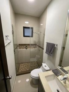 a bathroom with a shower and a toilet and a sink at Suites Santiago in Santiago +5 photos