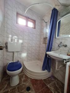 La salle de bains est pourvue de toilettes et d'un lavabo. dans l'établissement Casa David, à Sinaia