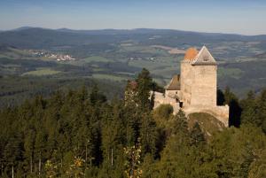 un antiguo castillo en la cima de una colina con árboles en Apartmány na Šumavě en Kašperské Hory