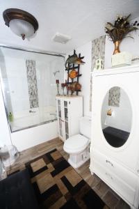 a bathroom with a white toilet and a mirror at Beautiful large bedroom in Orlando